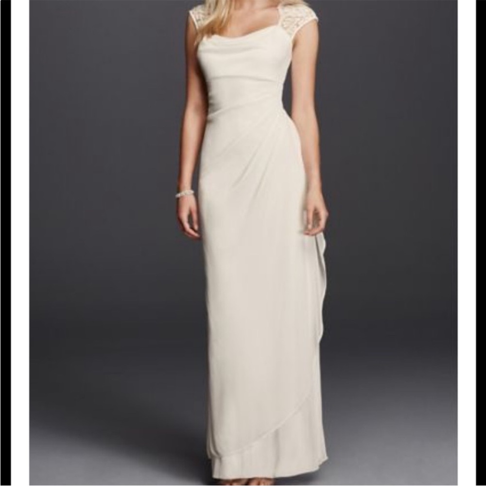 David's Bridal Cream Maxi Dress with Lace Details